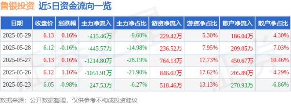 千红网 股票行情快报：鲁银投资（600784）5月29日主力资金净卖出415.46万元